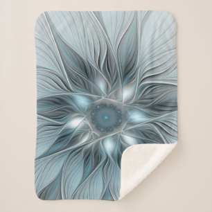 Couverture Sherpa Fleur abstraite joyeuse bleu gris floral fractal