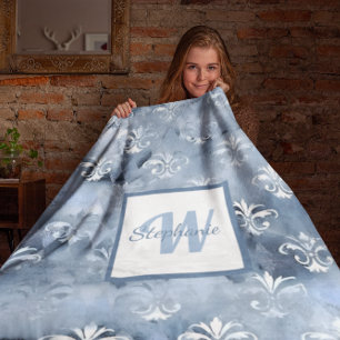 Couverture Sherpa Fleur-de-Lis Élégant - Français Bleu Vintage