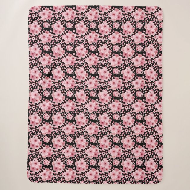 Couverture Sherpa Fleur mignonne noire rose cerise (Devant)