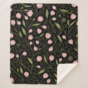 Couverture Sherpa Fleur mignonne, rose sur noir avec motif répétitif