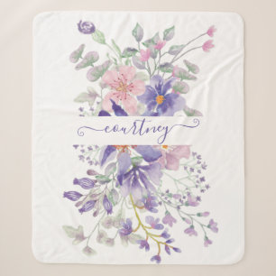Couverture Sherpa Fleurs aquarelles personnalisées rose et violet