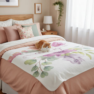 Couverture Sherpa Fleurs aquarelles rose et pêche personnalisées  