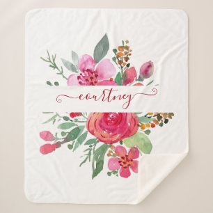 Couverture Sherpa Fleurs aquarelles roses personnalisées