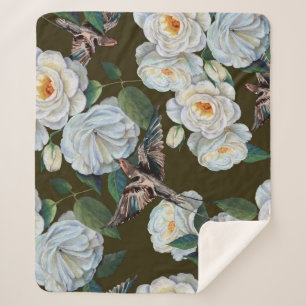 Couverture Sherpa Fleurs blanches rose avec dessin feuille en pastel