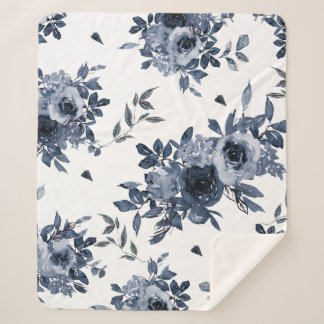 Couverture Sherpa Fleurs bleues de la Marine sur blanc