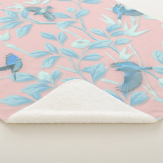 Couverture Sherpa fleurs bleues et oiseau, couleur rose clair Arrièr