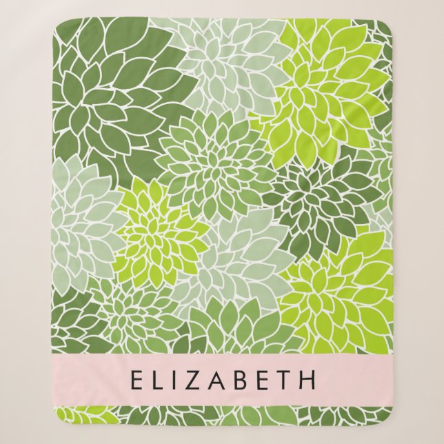 Couverture Sherpa Fleurs Dahlia Vertes, Motif Floral, Votre Nom (Devant)