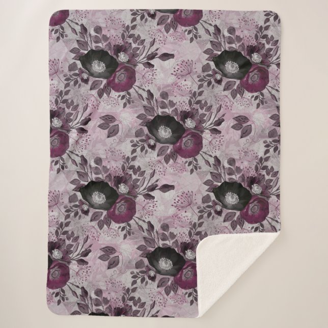 Couverture Sherpa Fleurs d'aquarelle bordeaux. (Devant)