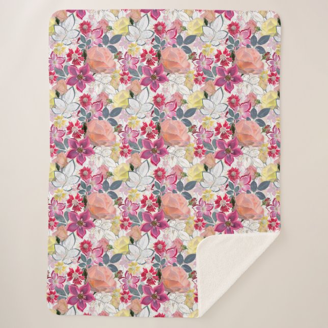 Couverture Sherpa Fleurs d'aquarelle rose et rouge. (Devant)