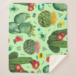 Couverture Sherpa Fleurs de cactus : Aquarelle Arrière - plan géomét