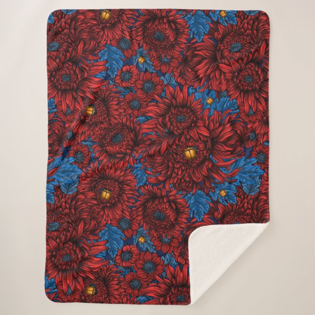 Couverture Sherpa Fleurs de chrysanthème rouge et coléoptères orange (Devant)