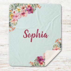 Couverture Sherpa Fleurs d'Hibiscus Rose Monogram Tropical Floral