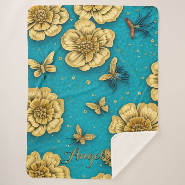Couverture Sherpa Fleurs dorées Fond sarcelle Nom personnalisé (Devant)