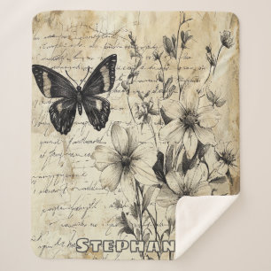 Couverture Sherpa Fleurs et papillons rustiques - Papier vieilli (1)