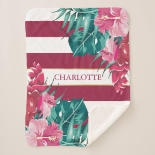 Couverture Sherpa Fleurs exotiques Monogramme rayé Bourgogne