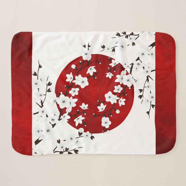 Couverture Sherpa Fleurs japonaises de cerisier Rouge Noir Blanc (Devant (Horizontal))