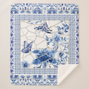 Couverture Sherpa Fleurs Papillon Bleu et Chinoiserie blanche Chic
