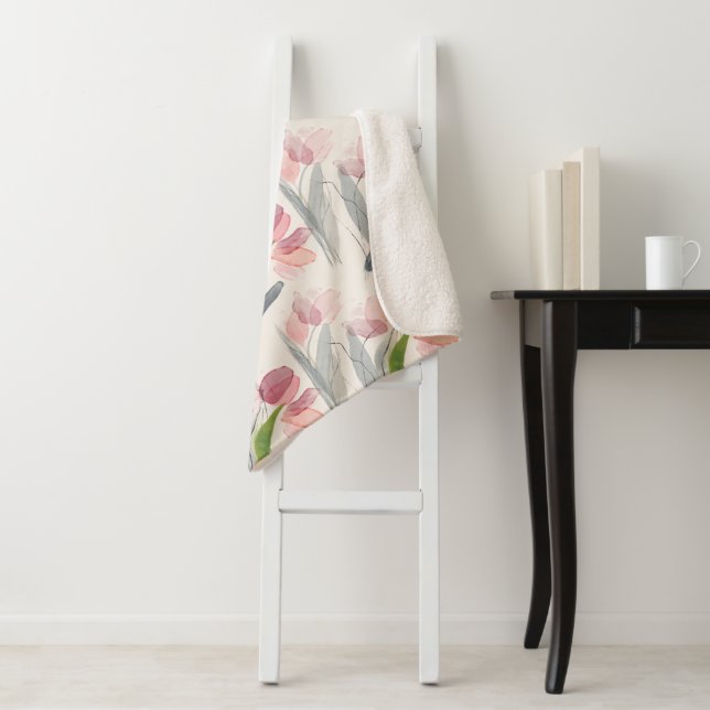 Couverture Sherpa Fleurs Roses Fleurs Roses Clairs Feuilles Crème Ve (En situation)
