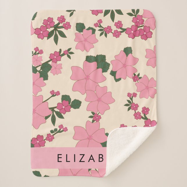 Couverture Sherpa Fleurs Roses, Motif De Fleurs, Votre Nom (Devant)