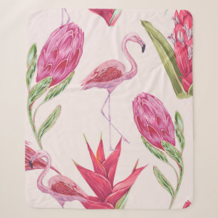 Couverture Sherpa Fleurs roses tropicales, protéa, oiseau de paradis