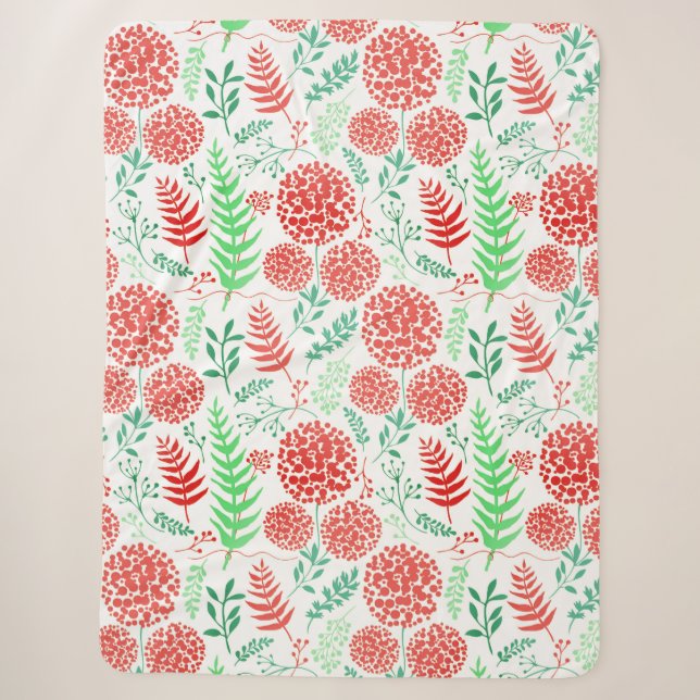 Couverture Sherpa Fleurs rouges arrondies vert feuille motif (Devant)