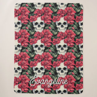 Couverture Sherpa Fleurs rouges et crânes Aquarelle