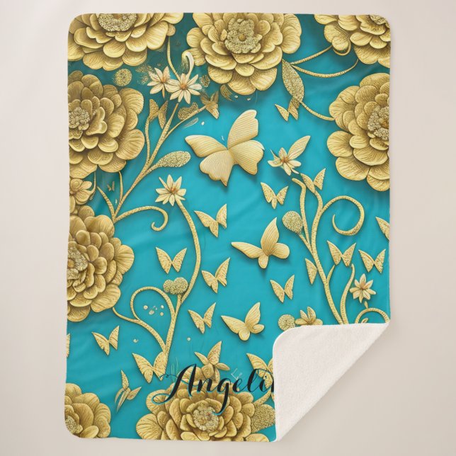 Couverture Sherpa Fleurs sarcelle et or Nom personnalisé (Devant)
