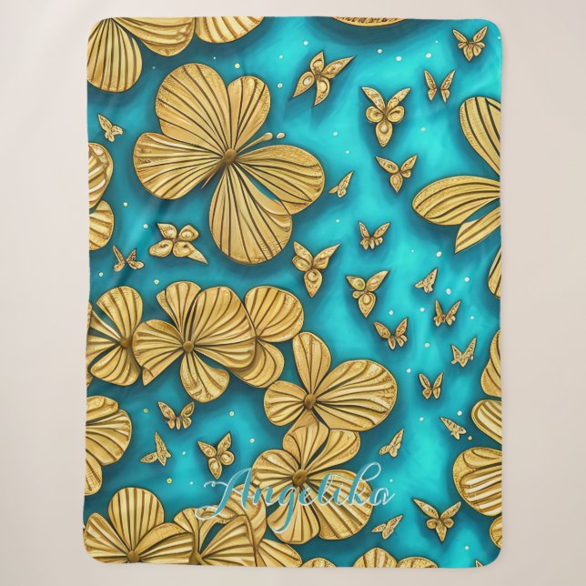 Couverture Sherpa Fleurs sarcelle et or Nom personnalisé (Devant)