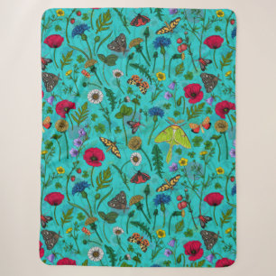 Couverture Sherpa Fleurs sauvages et papillons de nuit sur turquoise