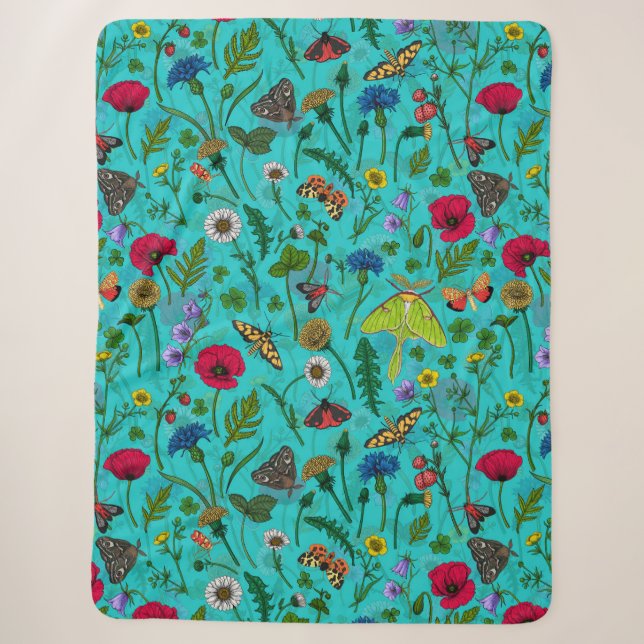 Couverture Sherpa Fleurs sauvages et papillons de nuit sur turquoise (Devant)