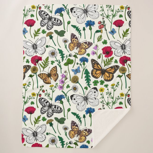 Couverture Sherpa Fleurs sauvages et papillons sur blanc (Devant)