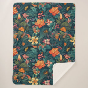 Couverture Sherpa Fleurs tropicales et Feuilles à papillons