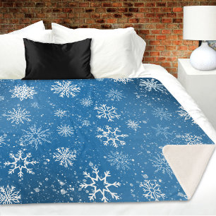 Couverture Sherpa Flocons de Neige Bleus Classique Hiver Blanc