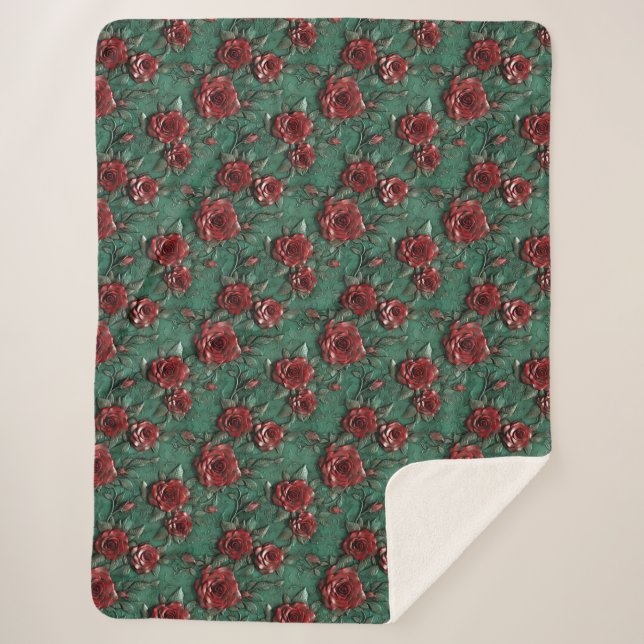 Couverture Sherpa Floral de Roses rouges vertes (Devant)