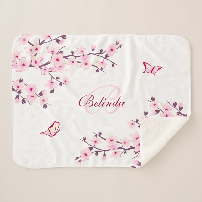 Couverture Sherpa Floral Fleurs de cerisiers rose blanc Monogramme (Devant (Horizontal))