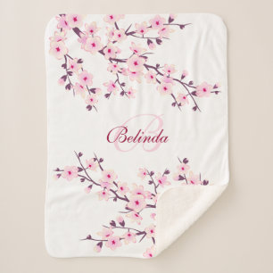 Couverture Sherpa Floral Fleurs de cerisiers rose blanc Monogramme