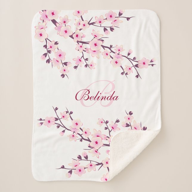 Couverture Sherpa Floral Fleurs de cerisiers rose blanc Monogramme (Devant)
