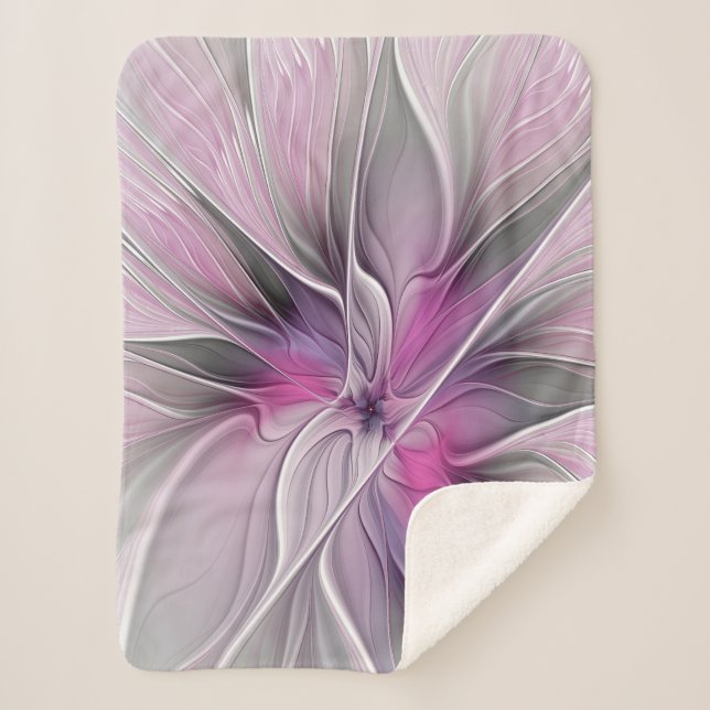 Couverture Sherpa Floral Fractal moderne Fleur Abstraite rose gris (Devant)