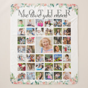 Couverture Sherpa Floral MÈRE We Love You Photo Collage Blanc
