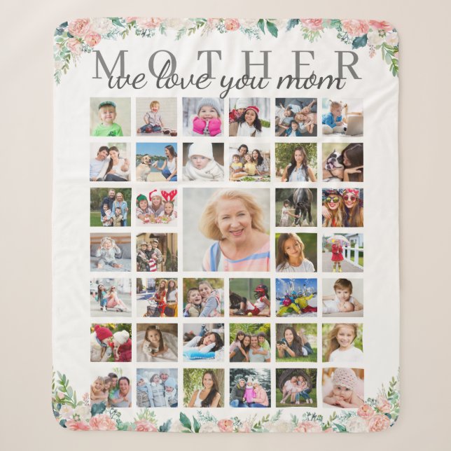 Couverture Sherpa Floral MÈRE We Love You Photo Collage Blanc (Devant)
