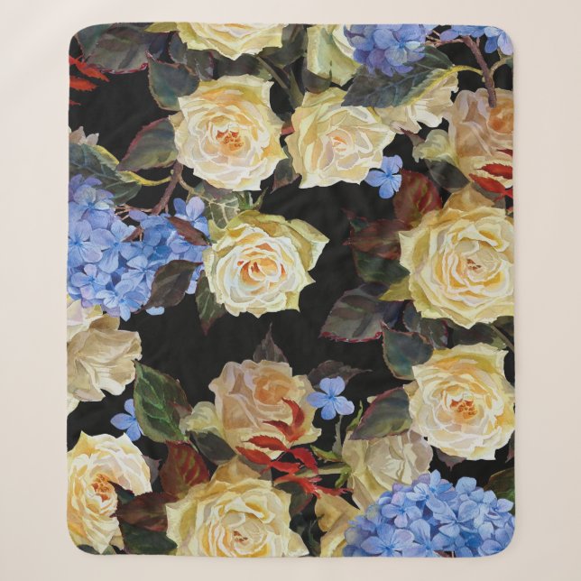 Couverture Sherpa Floral motif moderne, roses blanches, hydrangée bl (Devant)