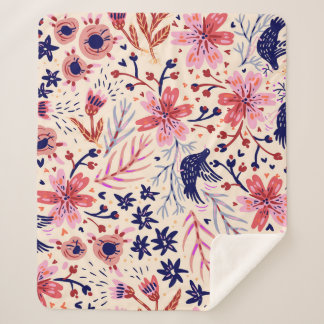 Couverture Sherpa Floral, oiseaux, motif vintage sans soudure.