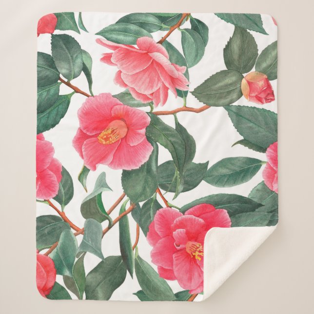 Couverture Sherpa Floral seamless pattern, red camellia flowers with (Devant)