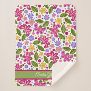 Couverture Sherpa Flore rétro Whimsical en rose et vert