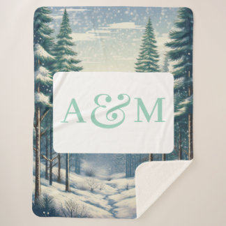 Couverture Sherpa Forêt d'hiver personnalisable avec double monogram