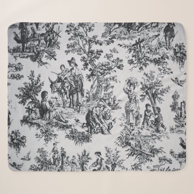 Couverture Sherpa Française toile de jouy noir et blanc élégant (Devant (Horizontal))