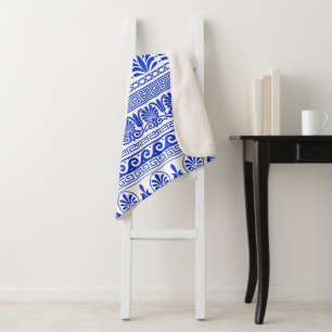 Couverture Sherpa Fret grec, Motif méditerranéen, Bleu