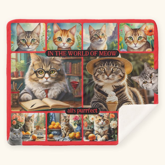 Couverture Sherpa Fun Feel Good Cat Art Collage (Delightful Sherpa blanket featuring a cat art collage)