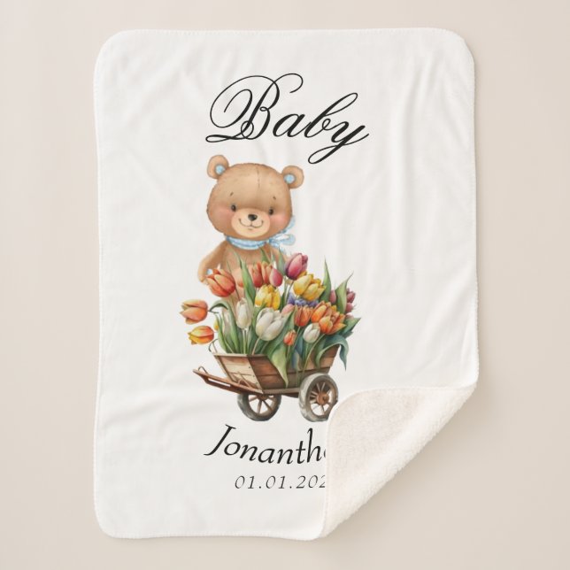 Couverture Sherpa Garçon Teddy Ours bleu Baby shower Floral Rustique (Devant)