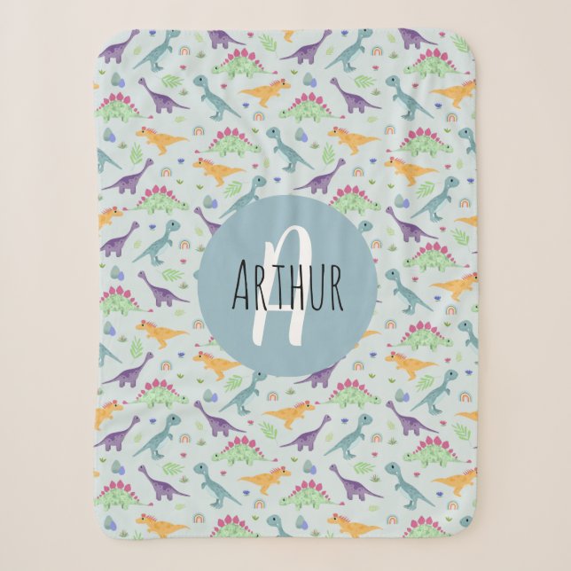 Couverture Sherpa Garçons Bleu Cute Dinosaure Motif Monogramme Enfan (Devant)